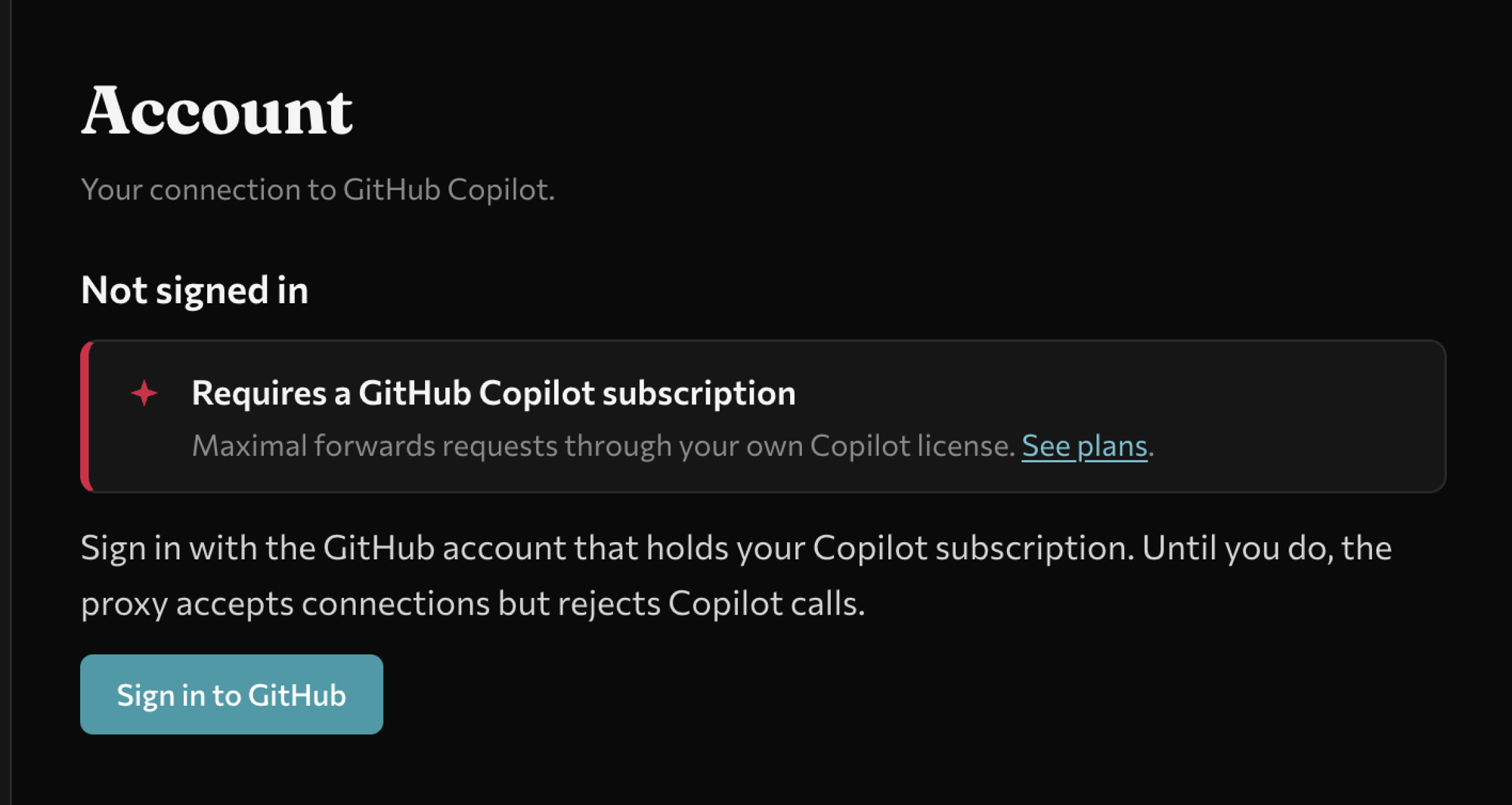 maximal's Account panel showing 'Not signed in' with a Sign in to GitHub button.