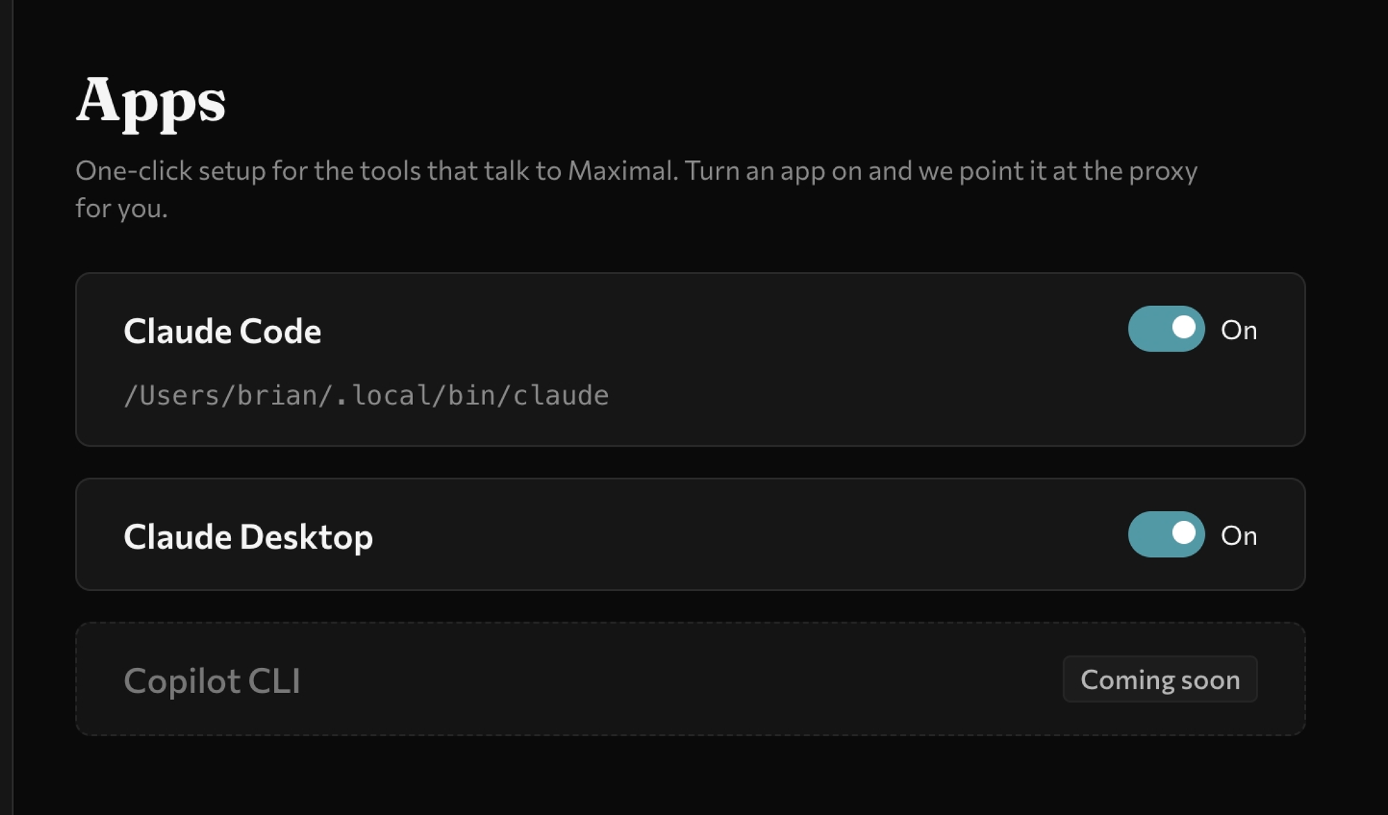 maximal's Apps panel with one-click toggles for Claude Code and Claude Desktop pointed at maximal.